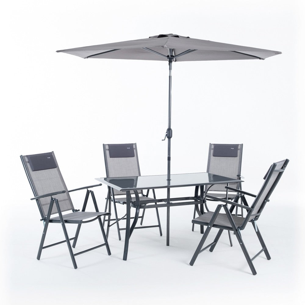 Sanremo – set da giardino con tavolo, 4 sedie reclinabili e ombrellone, colore grigio