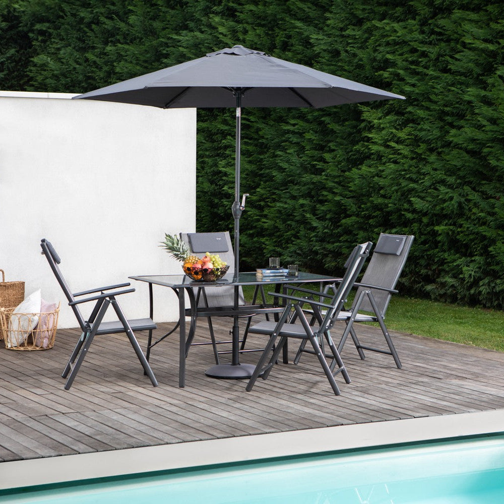 Sanremo – set da giardino con tavolo, 4 sedie reclinabili e ombrellone