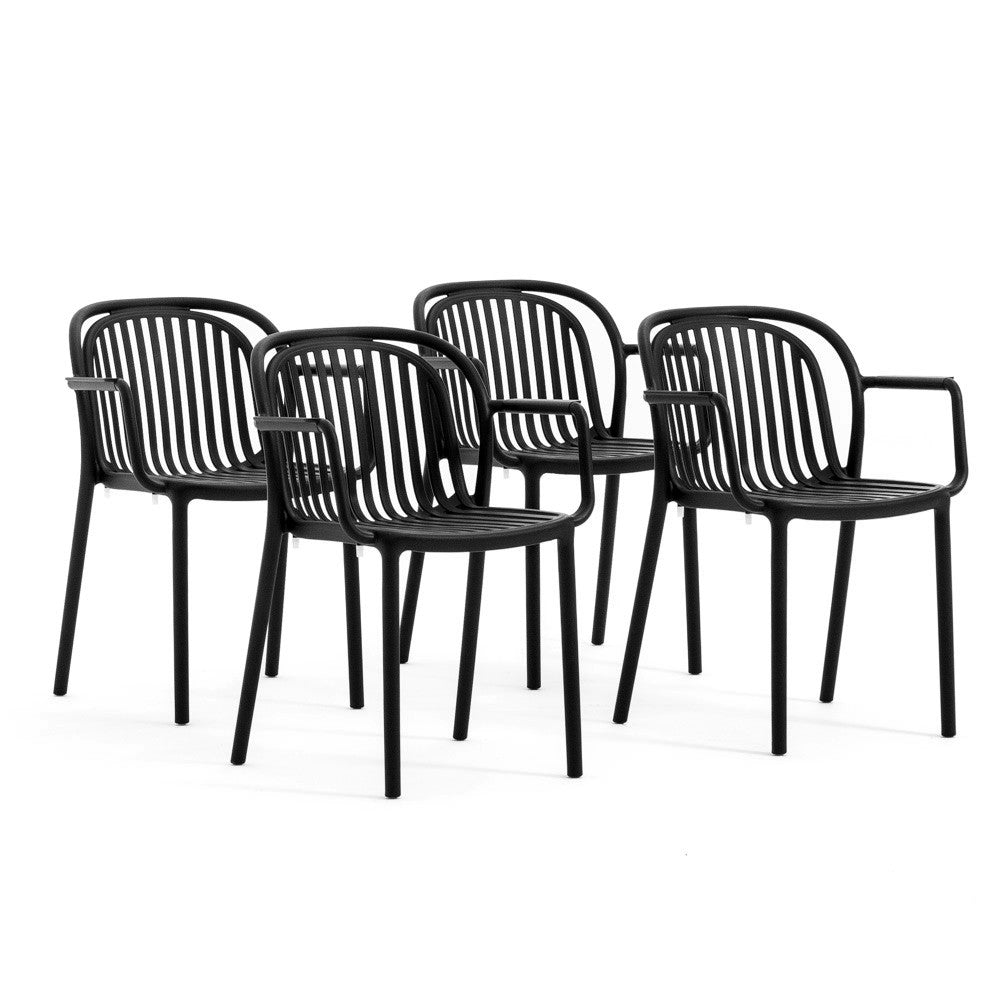 Eloisa – sedia da esterno in resina con struttura a listelli, colore antracite, seduta con braccioli