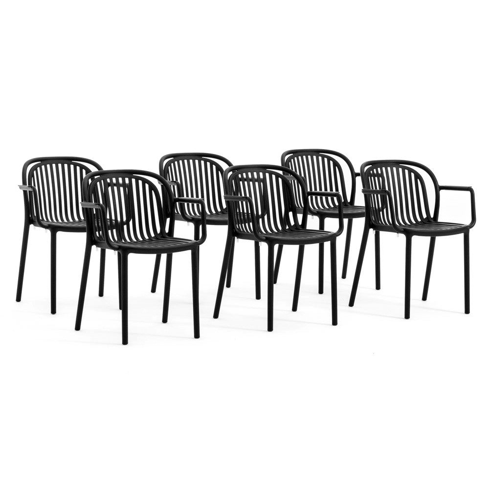 Eloisa – sedia da esterno in resina con struttura a listelli, colore antracite, seduta con braccioli