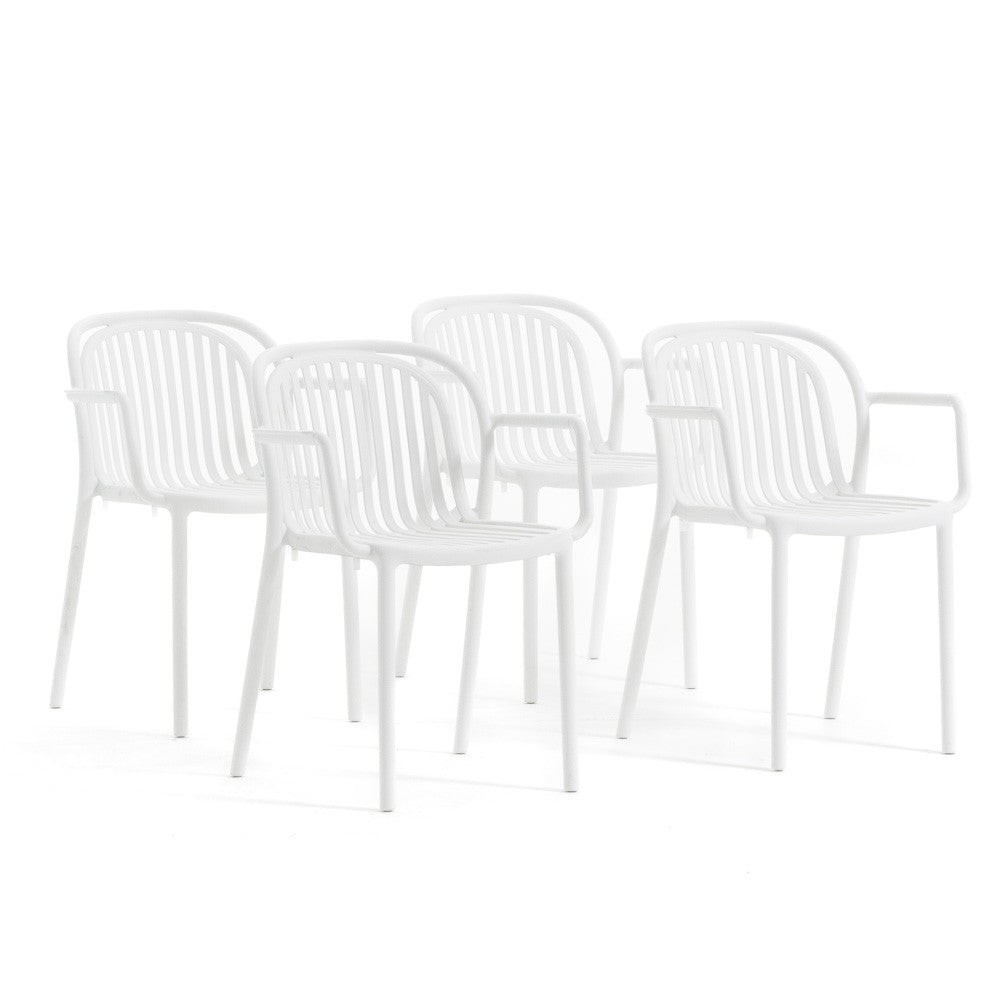 Eloisa – sedia da esterno in resina con struttura a listelli, colore bianco, seduta con braccioli