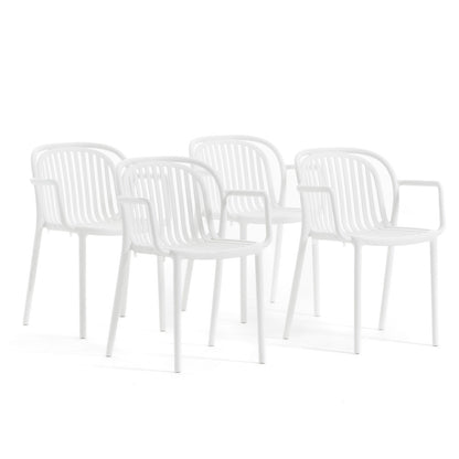 Eloisa – sedia da esterno in resina con struttura a listelli, colore bianco, seduta con braccioli