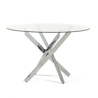 Kasper – tavolo rotondo in vetro temperato e metallo, colore del piano in vetro trasparente, dimensione ø 120 cm, gambe argento