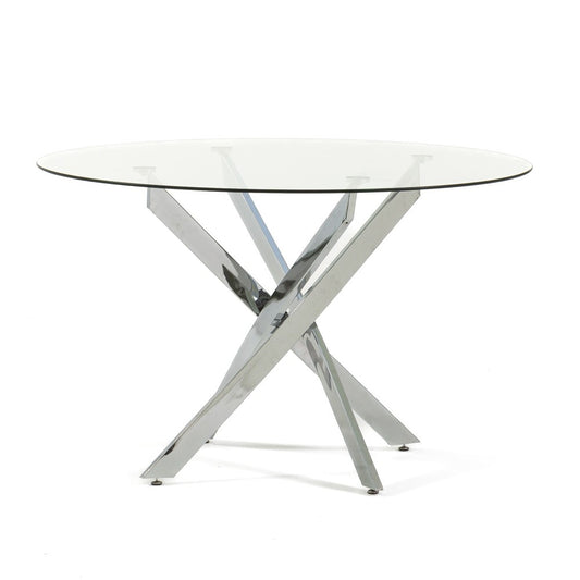 Kasper – tavolo rotondo in vetro temperato e metallo, colore del piano in vetro trasparente, dimensione ø 120 cm, gambe argento