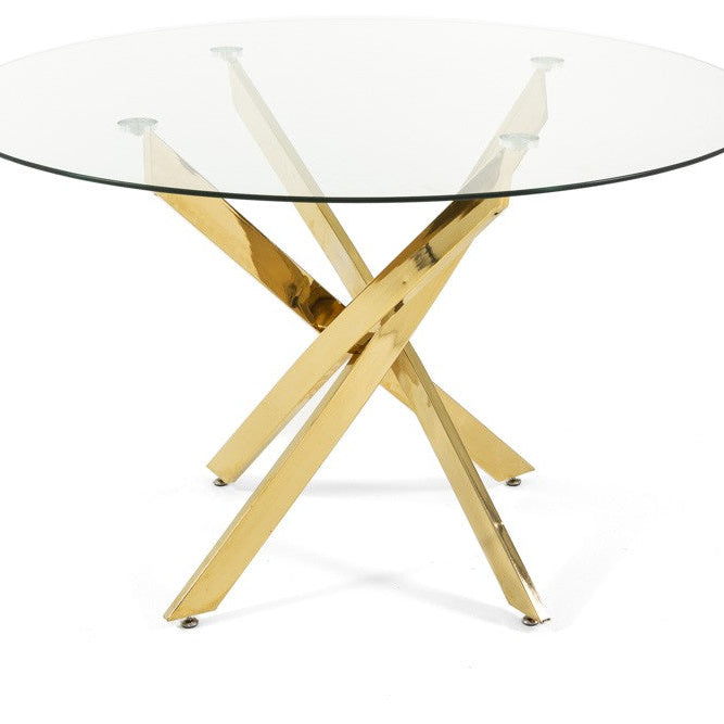 Kasper – tavolo rotondo in vetro temperato e metallo, colore del piano in vetro trasparente, dimensione ø 120 cm, gambe oro