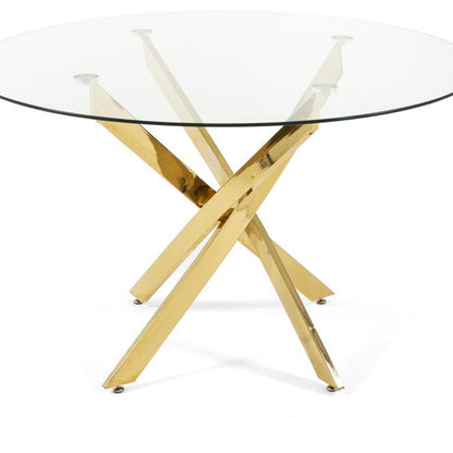 Kasper – tavolo rotondo in vetro temperato e metallo, colore del piano in vetro trasparente, dimensione ø 120 cm, gambe oro
