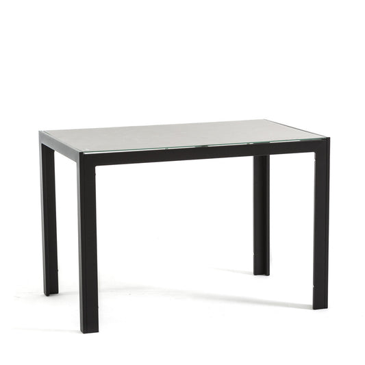 Milo XS – tavolo in alluminio con piano in vetro decorato, struttura antracite, top tavolo granito