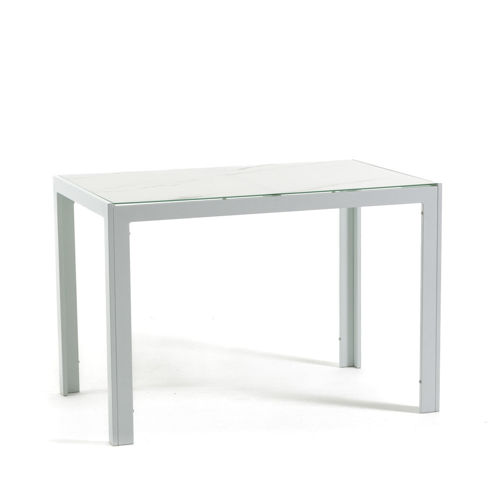 Milo XS – tavolo in alluminio con piano in vetro decorato, struttura bianco, top tavolo marmo bianco