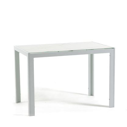 Milo XS – tavolo in alluminio con piano in vetro decorato, struttura bianco, top tavolo marmo bianco
