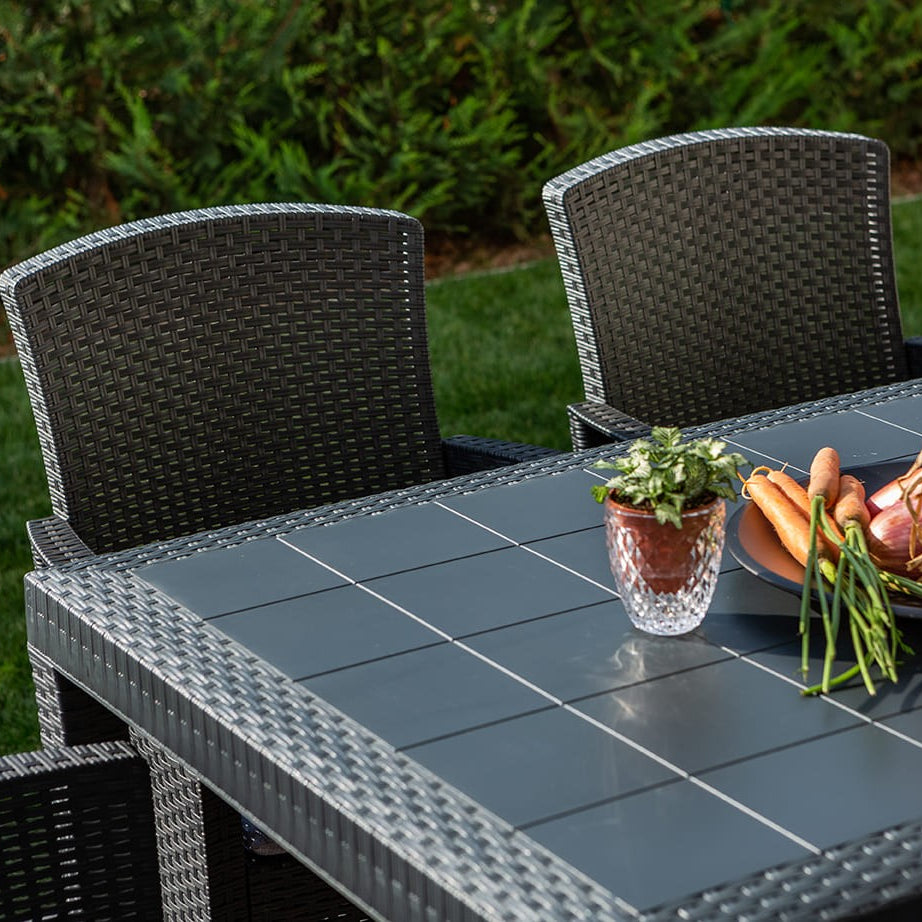 Como XL – tavolo da giardino 150x90 con 6 poltrone effetto rattan