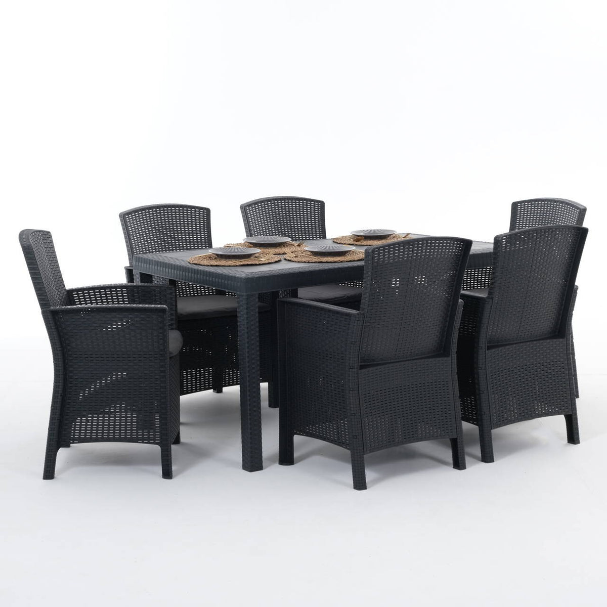Como XL – tavolo da giardino 150x90 con 6 poltrone effetto rattan, colore antracite
