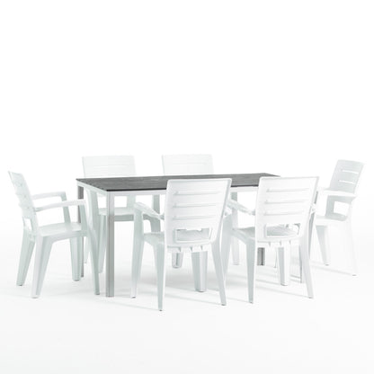 Thomas & Anita set pranzo giardino con 6 sedie e tavolo effetto legno, 6 sedie bianco, dimensione tavolo 156x78 cm, tavolo bianco/ardesia