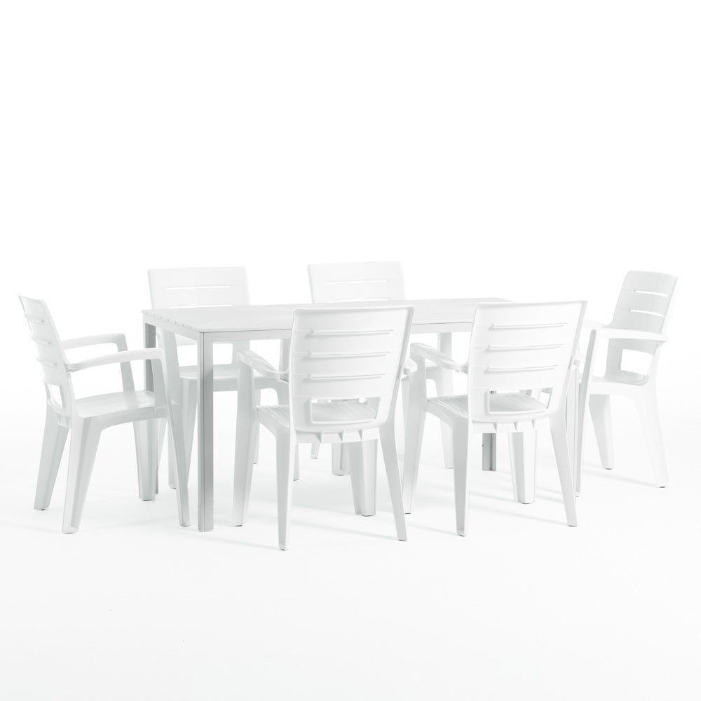 Thomas & Anita set pranzo giardino con 6 sedie e tavolo effetto legno, 6 sedie bianco, dimensione tavolo 156x78 cm, tavolo bianco