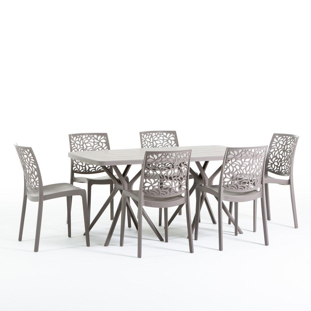 Oliver & Anna tavolo da giardino 158x84 cm con 6 sedie impilabili, 6 sedie tortora, tavolo tortora