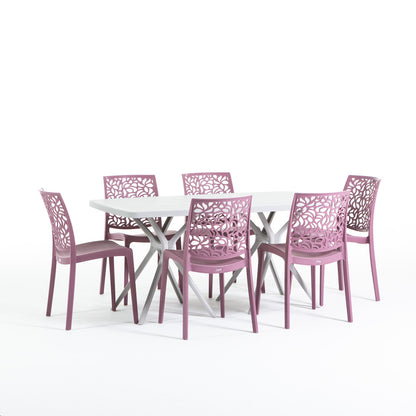 Oliver & Anna tavolo da giardino 158x84 cm con 6 sedie impilabili, 6 sedie malva, tavolo grigio chiaro