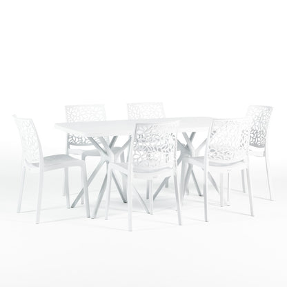 Oliver & Anna tavolo da giardino 158x84 cm con 6 sedie impilabili, 6 sedie bianco, tavolo bianco