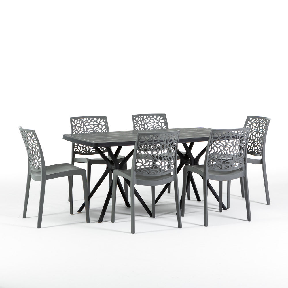 Oliver & Anna tavolo da giardino 158x84 cm con 6 sedie impilabili, 6 sedie grigio scuro, tavolo antracite