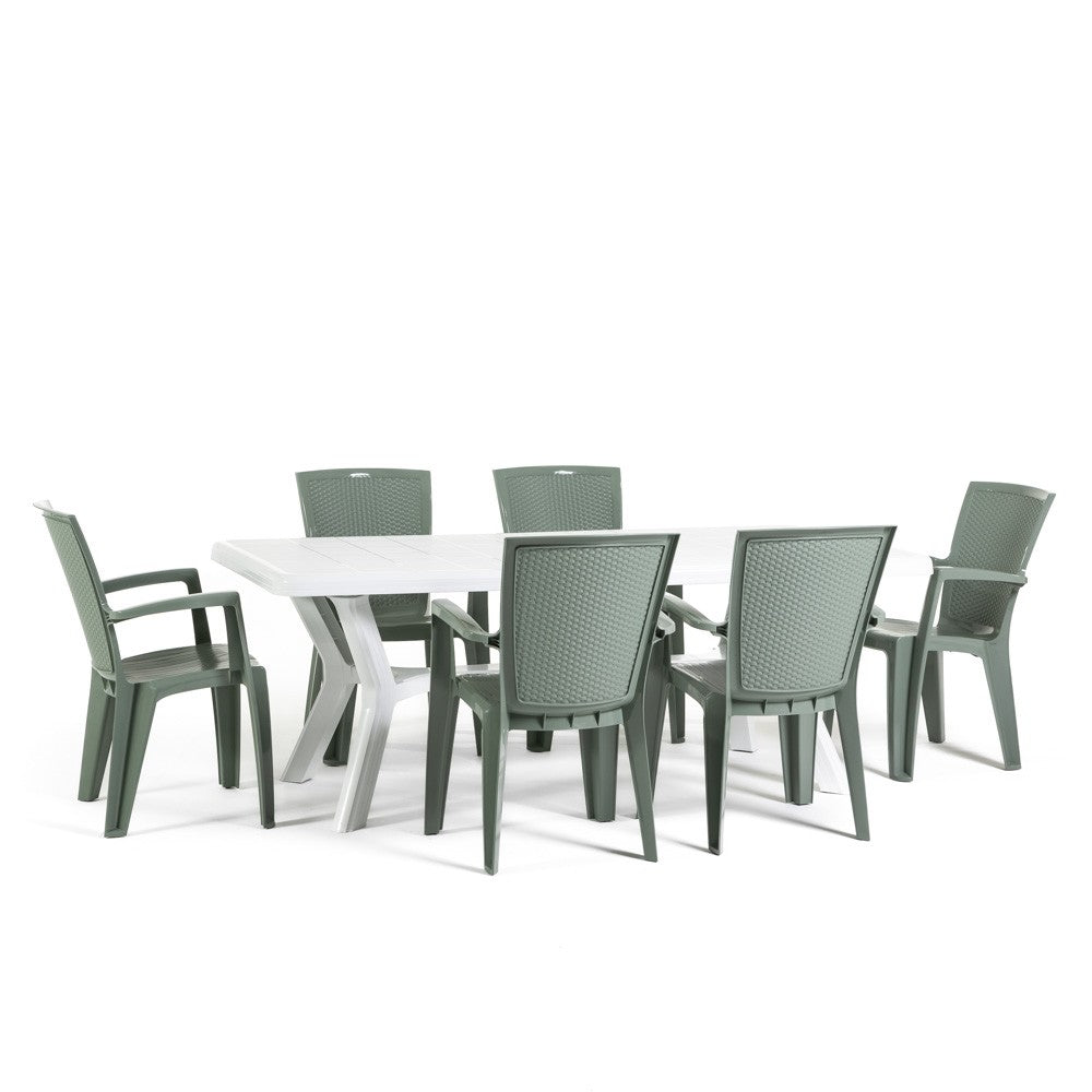Samuel & Diana set da giardino con tavolo 200x95 cm e 6 sedie, 6 sedie salvia, tavolo bianco