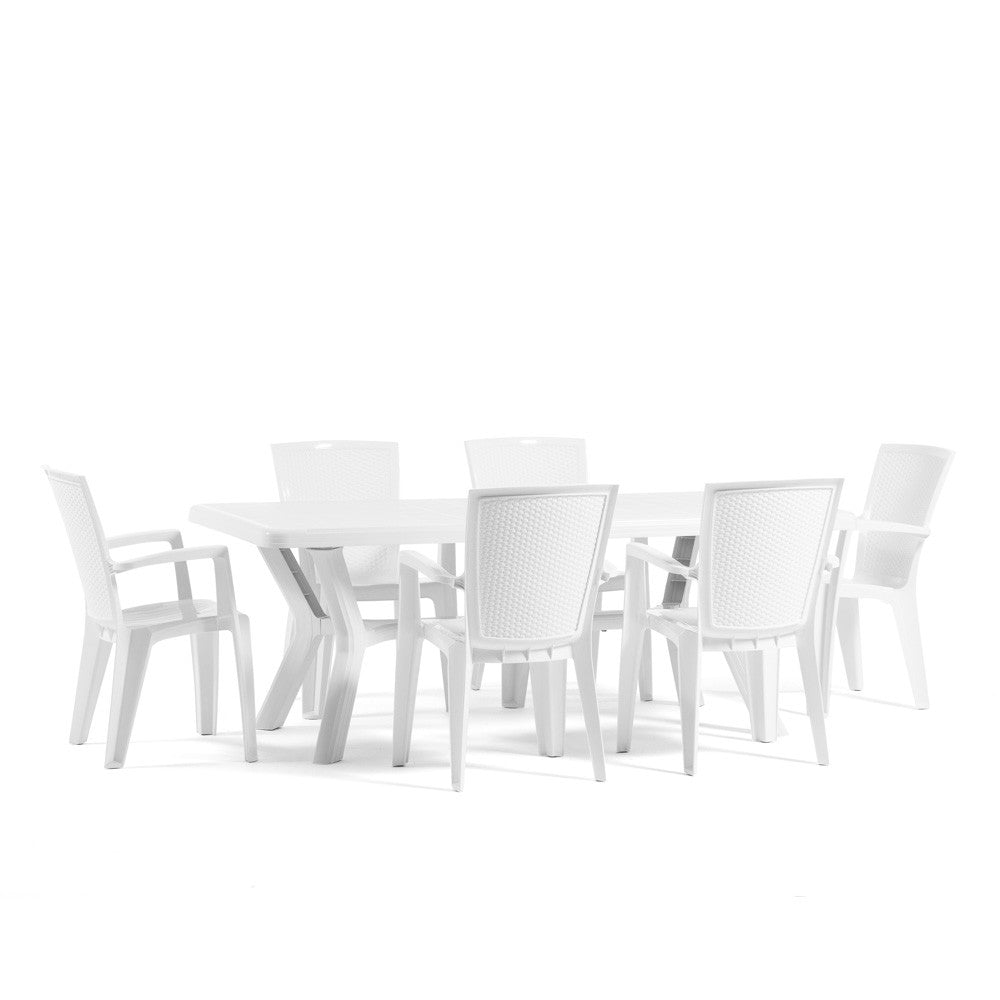 Samuel & Diana set da giardino con tavolo 200x95 cm e 6 sedie, 6 sedie bianco, tavolo bianco