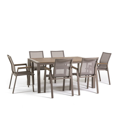 Liam & Deva set pranzo da esterno con tavolo 160x90 e 6 sedie, textilene tortora