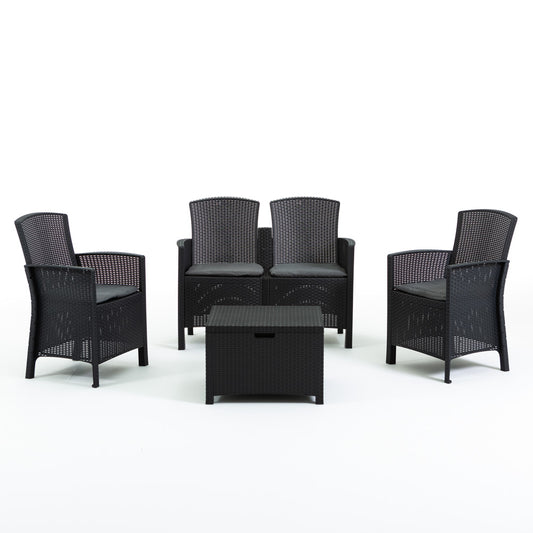 Lugano – set da esterno in resina effetto rattan con tavolino contenitore, colore antracite