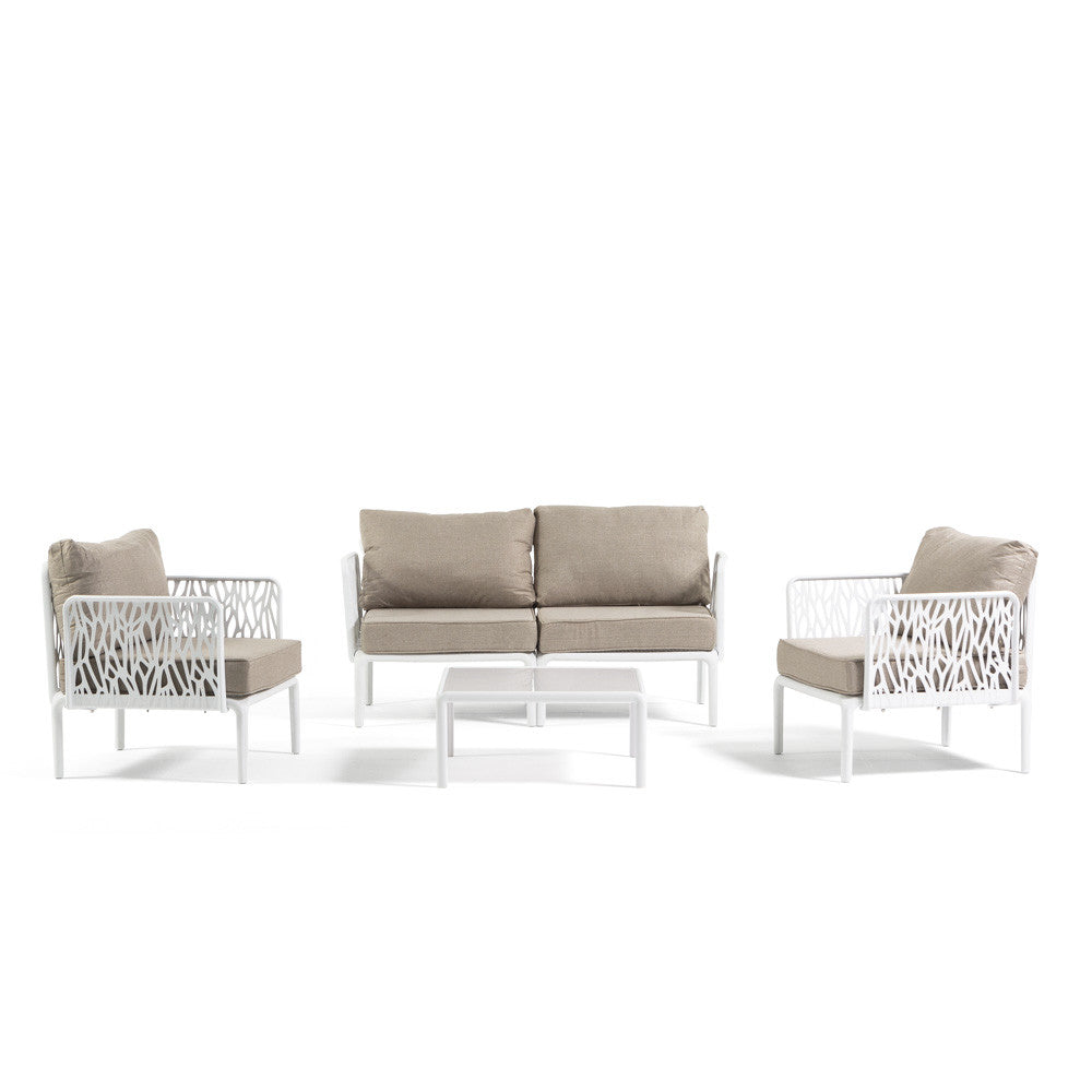 Hoya – set da giardino di design con divano, poltrone e tavolino, colore bianco & corda