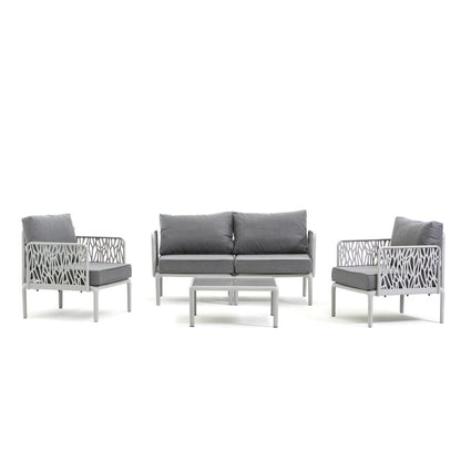 Hoya – set da giardino di design con divano, poltrone e tavolino, colore grigio chiaro & grigio scuro