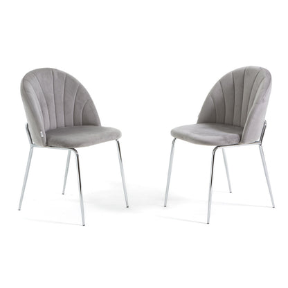 Sonia – sedia in velluto con schienale interno trapuntato, colore grigio chiaro, gambe argento
