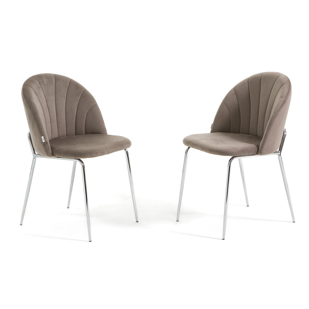 Sonia – sedia in velluto con schienale interno trapuntato, colore tortora, gambe argento