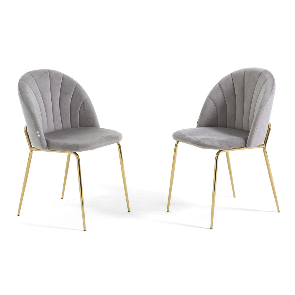 Sonia – sedia in velluto con schienale interno trapuntato, colore grigio chiaro, gambe oro