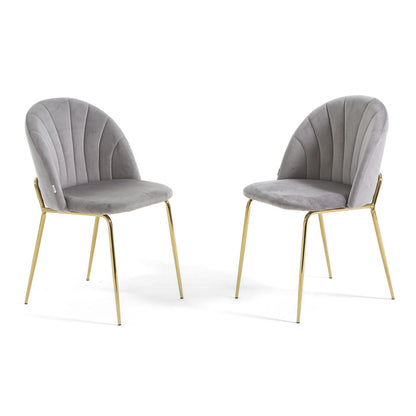 Sonia – sedia in velluto con schienale interno trapuntato, colore grigio chiaro, gambe oro
