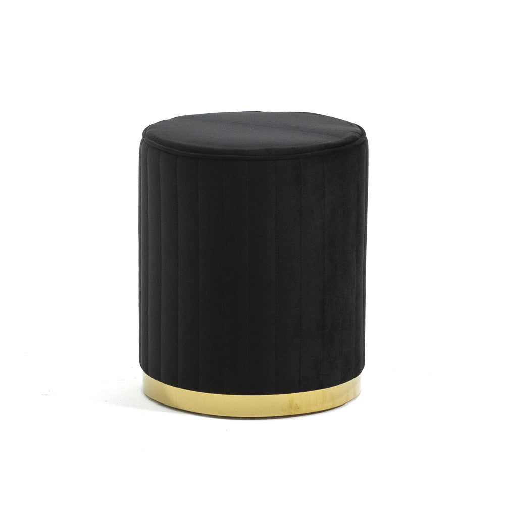 Ruby – pouf cilindrico in velluto trapuntato con base cromata, colore nero, gambe oro, tipo di tessuto velluto