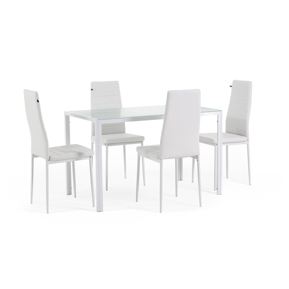 Ettore Lidia – set pranzo con tavolo in metallo e vetro e 4 sedie, colore bianco
