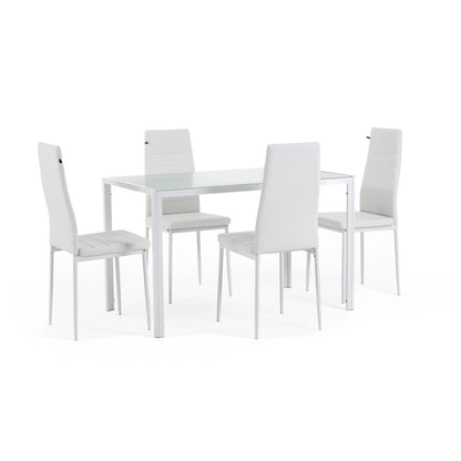 Ettore Lidia – set pranzo con tavolo in metallo e vetro e 4 sedie, colore bianco