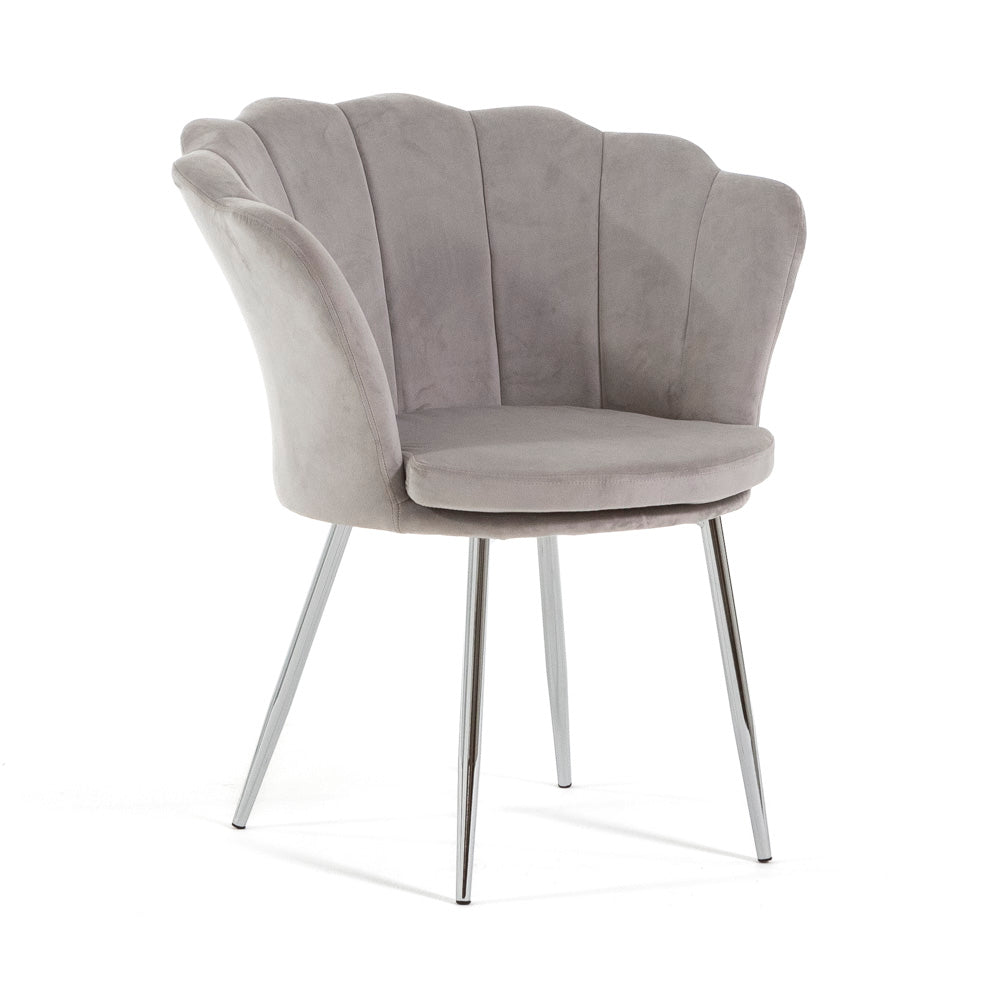 Shelly – Poltroncina design petali in velluto con gambe in metallo, colore grigio chiaro, gambe argento, tipo di tessuto velluto