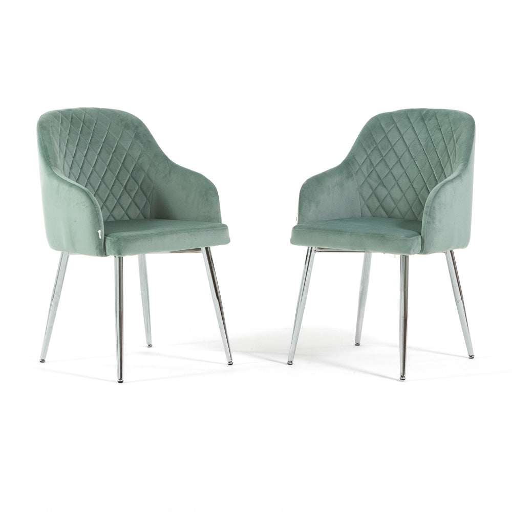 Tessa – Poltroncina avvolgente in velluto con gambe in metallo, colore verde menta, gambe argento