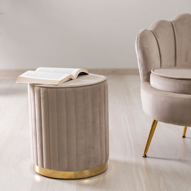 Ruby – pouf cilindrico in velluto trapuntato con base cromata
