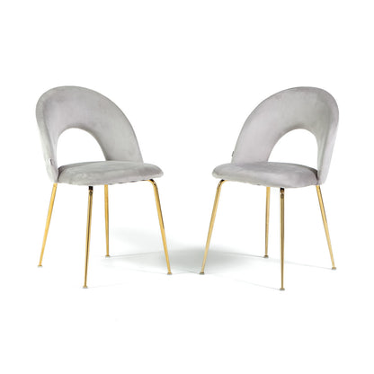 Margot – sedia in velluto con schienale curvo e gambe in metallo, colore grigio chiaro, gambe oro