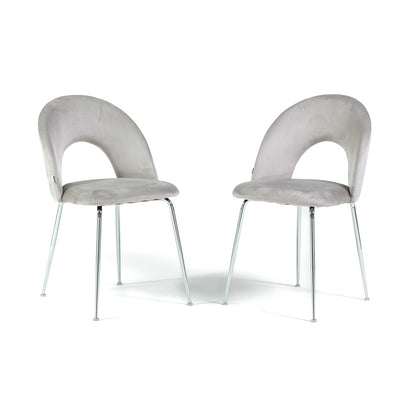 Margot – sedia in velluto con schienale curvo e gambe in metallo, colore grigio chiaro, gambe argento