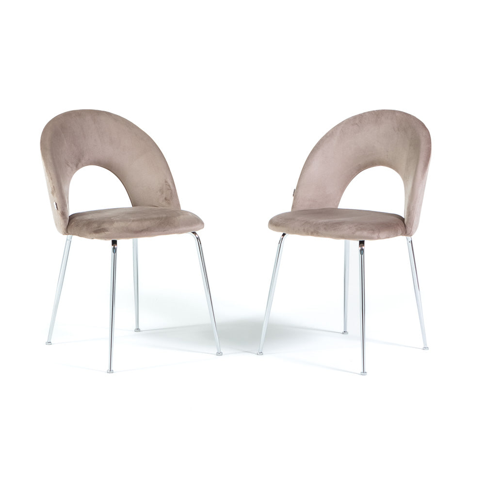 Margot – sedia in velluto con schienale curvo e gambe in metallo, colore tortora, gambe argento