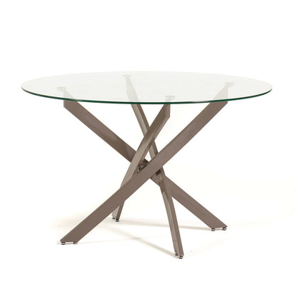 Kasper – tavolo rotondo in vetro temperato e metallo, colore del piano in vetro trasparente, dimensione ø 120 cm, gambe tortora