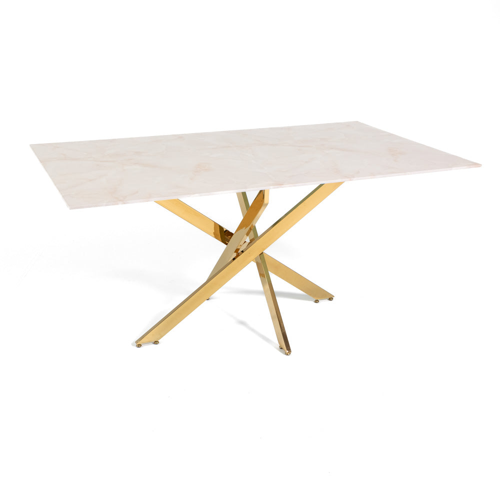 Morgan – tavolo in vetro effetto marmo e gambe metallo, colore del piano in vetro marmo rosa, dimensione 160x90 cm, gambe oro