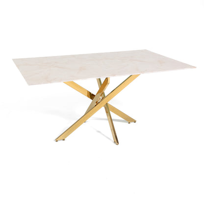 Morgan – tavolo in vetro effetto marmo e gambe metallo, colore del piano in vetro marmo rosa, dimensione 160x90 cm, gambe oro