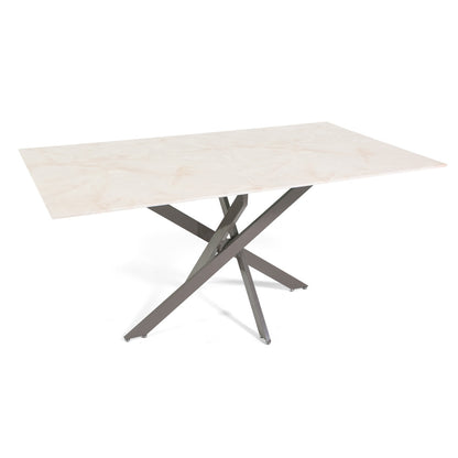 Morgan – tavolo in vetro effetto marmo e gambe metallo, colore del piano in vetro marmo rosa, dimensione 160x90 cm
