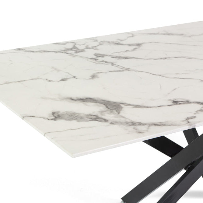Morgan – tavolo in vetro effetto marmo e gambe metallo