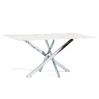 Morgan – tavolo in vetro effetto marmo e gambe metallo, colore del piano in vetro marmo bianco, dimensione 160x90 cm, gambe argento