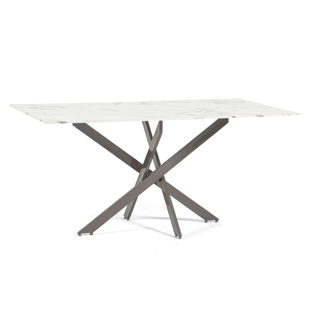 Morgan – tavolo in vetro effetto marmo e gambe metallo, colore del piano in vetro marmo bianco, dimensione 160x90 cm, gambe tortora