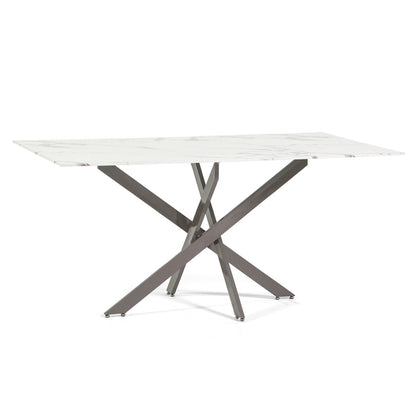 Morgan – tavolo in vetro effetto marmo e gambe metallo, colore del piano in vetro marmo bianco, dimensione 160x90 cm, gambe tortora