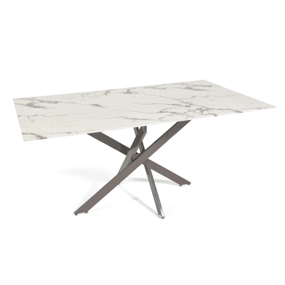 Morgan – tavolo in vetro effetto marmo e gambe metallo