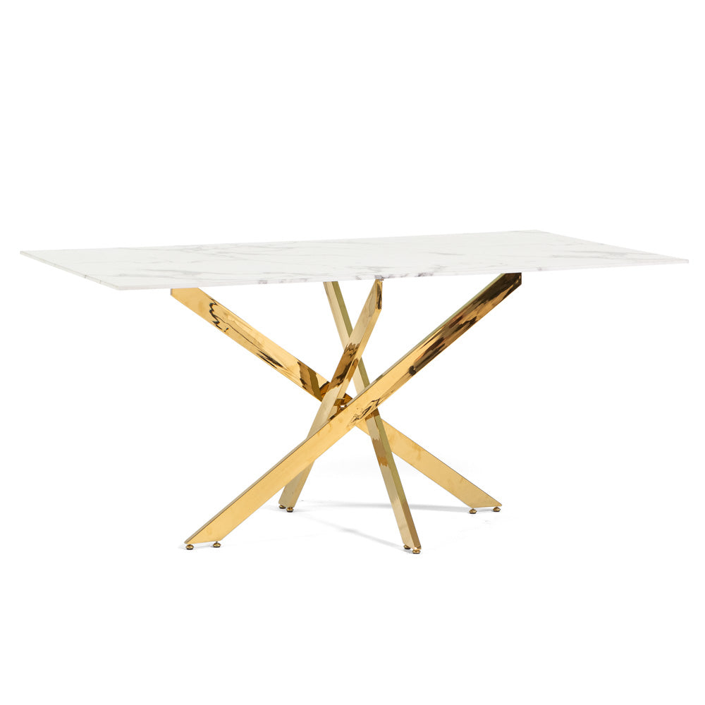 Morgan – tavolo in vetro effetto marmo e gambe metallo, colore del piano in vetro marmo bianco, dimensione 160x90 cm, gambe oro